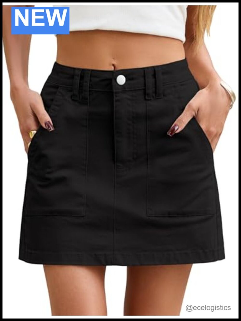 High Waisted Stretch Cotton Mini Skirt with Pockets